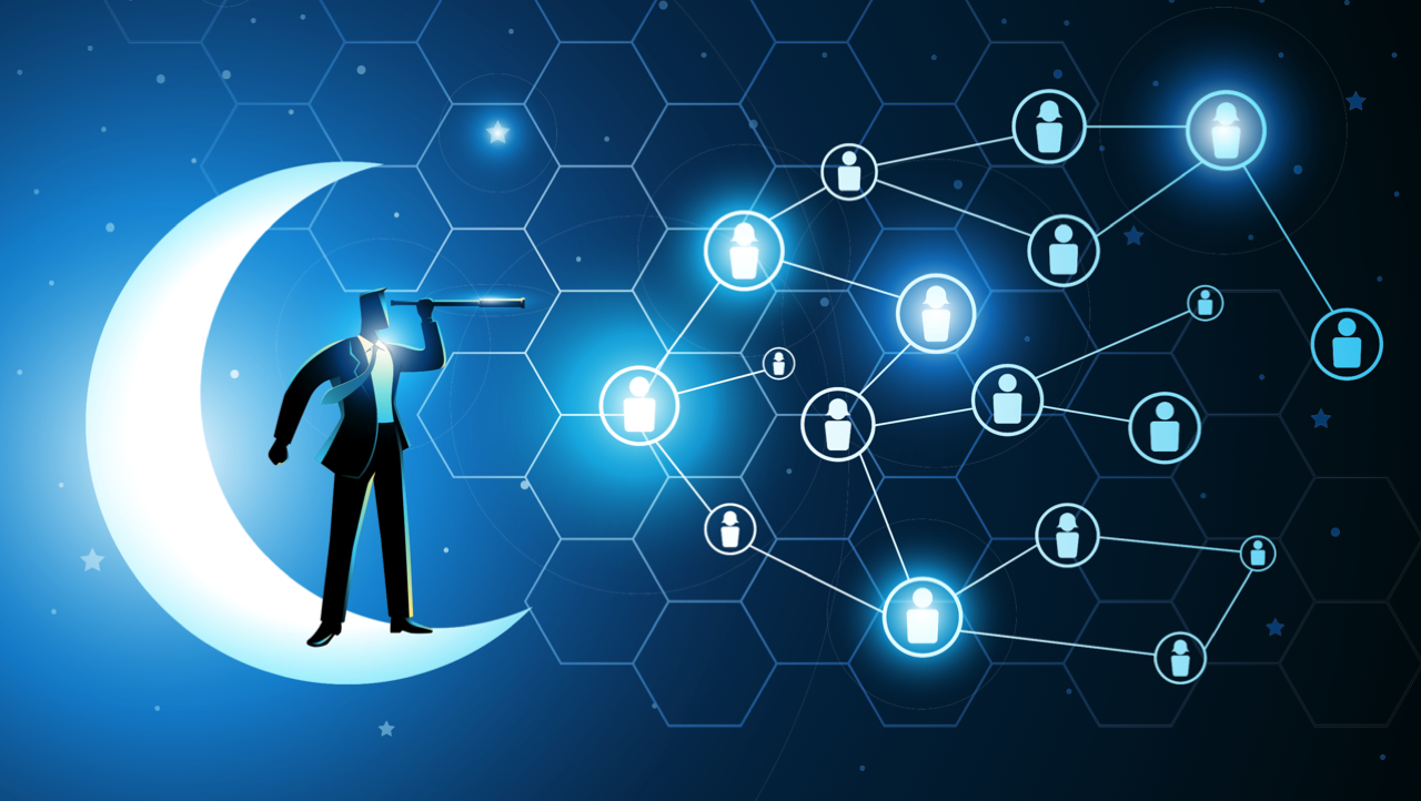 Recruiter looking through a telescole into a constellation of job applicants